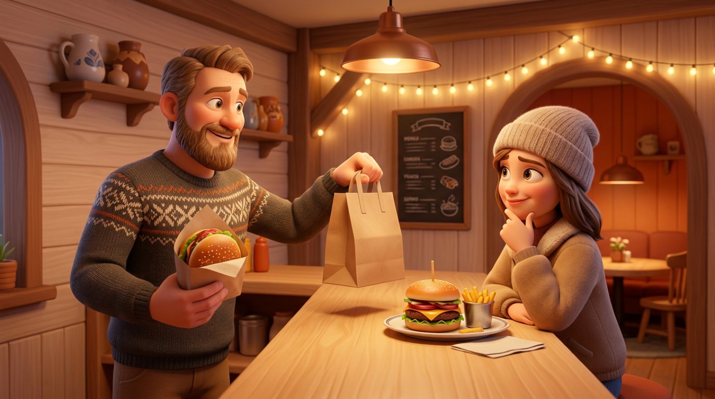 Restauranteier bak disken holder to like burgere, en på tallerken til et dekket bord og en i takeaway-pose, mens en gjest velger mellom dem
