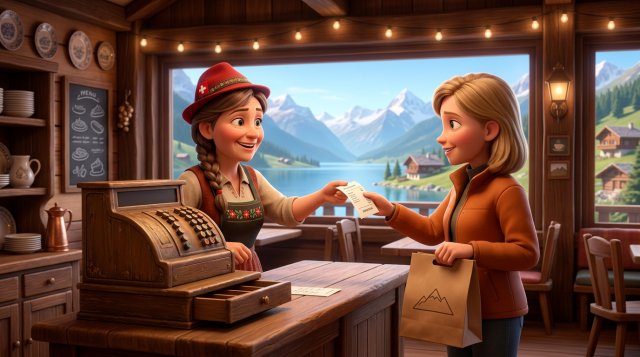 Wirtin an der Kasse eines Schweizer Bergrestaurants, die einer Kundin mit Take-Away-Tüte einen Kassenzettel reicht, im Fenster ein See mit Alpenpanorama