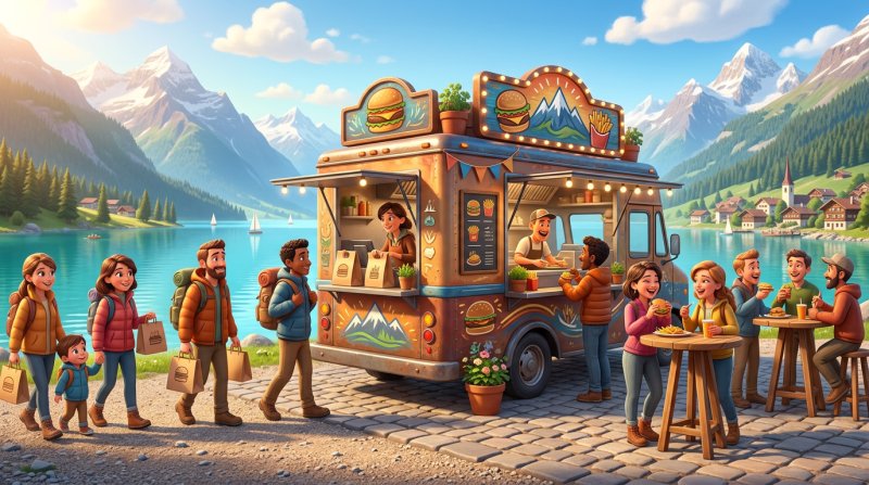 Zwei Warteschlangen vor einem Food-Truck am Seeufer, links Kundschaft mit Papiertüten zum Mitnehmen, rechts Gäste an Stehtischen mit Tellern