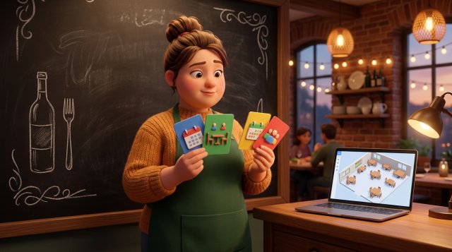 Restauratorka porównuje przy tablicy kolorowe karty z ofertami systemów rezerwacji, obok laptop z planem sali