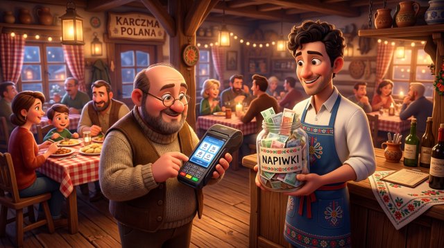 Ilustracja 3D: kelner ze słoikiem napiwków i restaurator patrzący na terminal płatniczy z ekranem wyboru napiwku w sali restauracyjnej