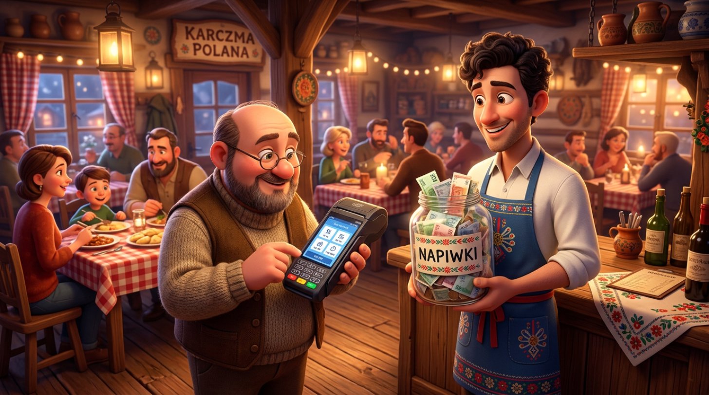 Ilustracja 3D: kelner ze słoikiem napiwków i restaurator patrzący na terminal płatniczy z ekranem wyboru napiwku w sali restauracyjnej