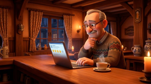 Illustration eines Wirts, der spätabends am Tresen seines Gasthauses konzentriert eine Antwort auf eine Online-Bewertung schreibt