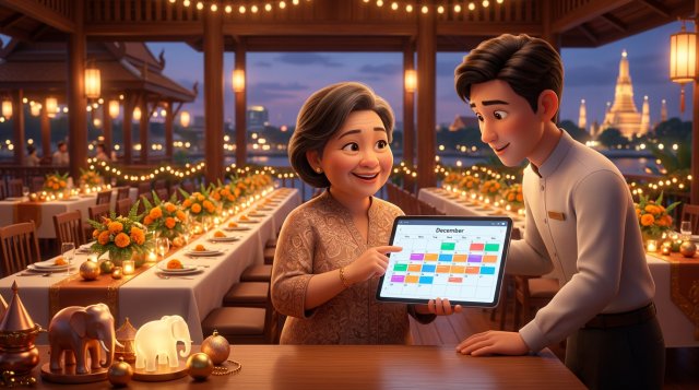 เจ้าของร้านอาหารไทยและพนักงานกำลังดูปฏิทินการจองเดือนธันวาคมบนแท็บเล็ตที่เคาน์เตอร์ ด้านหลังเป็นโต๊ะยาวที่จัดไว้สำหรับงานเลี้ยงบริษัทพร้อมไฟประดับ