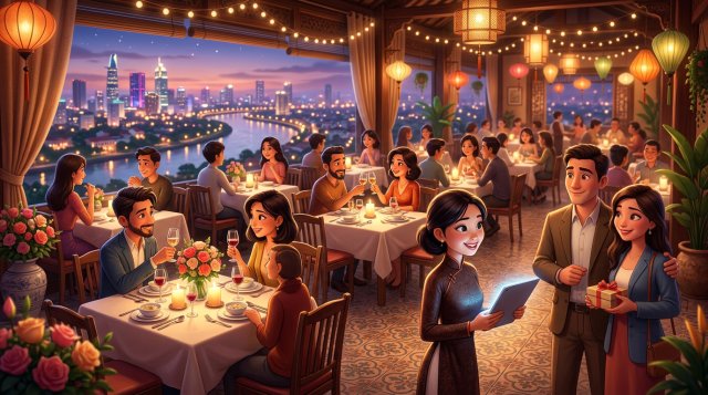 Phòng ăn nhà hàng Việt buổi tối ngày lễ kín khách, mỗi bàn đôi đều có bó hoa tươi và nến, nhân viên lễ tân cầm máy tính bảng đón khách bên cửa sổ nhìn ra ánh đèn thành phố