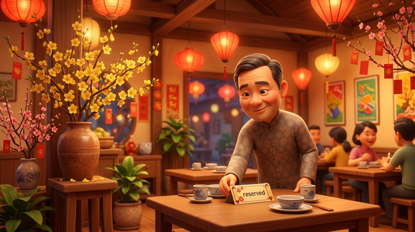 Chủ nhà hàng Việt đặt biển đặt bàn trước lên bàn ăn trong không gian trang trí Tết với cành mai vàng, đèn lồng đỏ và bao lì xì