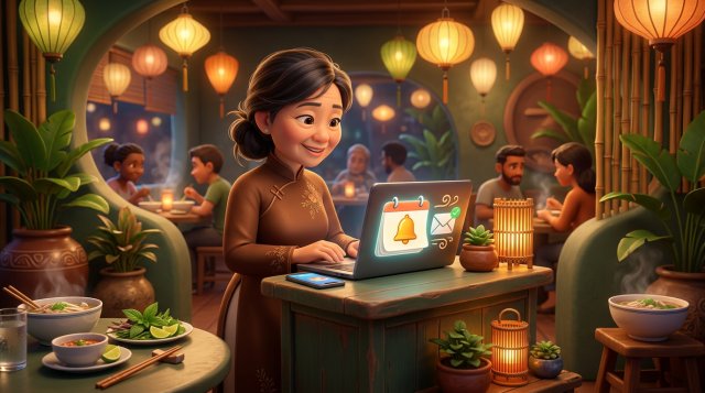 Nhân viên lễ tân nhà hàng Việt xem email nhắc hẹn đặt bàn trên laptop tại quầy, bên cạnh là điện thoại và tô phở trên bàn