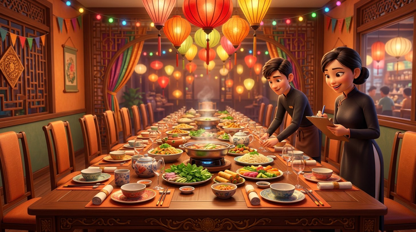 Phòng tiệc riêng của nhà hàng Việt với bàn dài nhiều chỗ ngồi, quản lý cầm bảng kiểm tra sắp xếp bàn trước giờ đón nhóm khách đông người