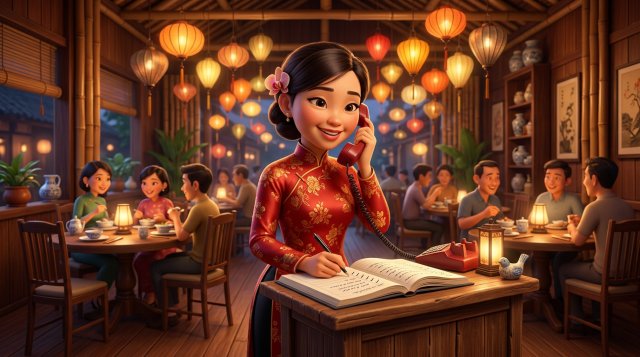 Nhân viên lễ tân nhà hàng Việt vừa nghe điện thoại vừa ghi thông tin đặt bàn vào sổ tại quầy đón khách