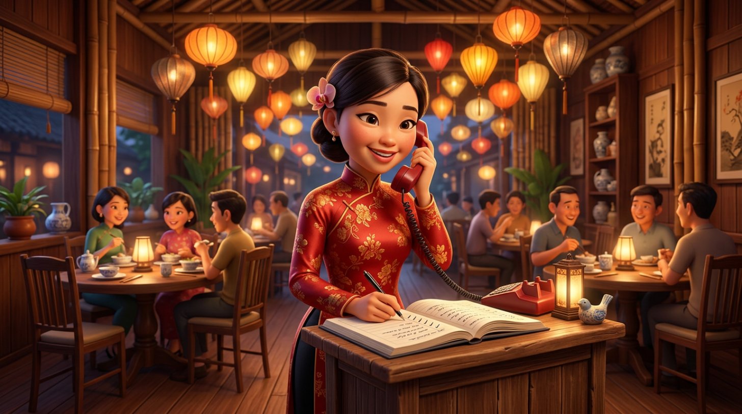 Nhân viên lễ tân nhà hàng Việt vừa nghe điện thoại vừa ghi thông tin đặt bàn vào sổ tại quầy đón khách