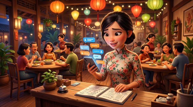 Quản lý nhà hàng cầm điện thoại đầy tin nhắn chưa đọc tại quầy lễ tân, phía sau là phòng ăn ấm cúng đang đông khách và cuốn sổ ghi chú đặt bàn