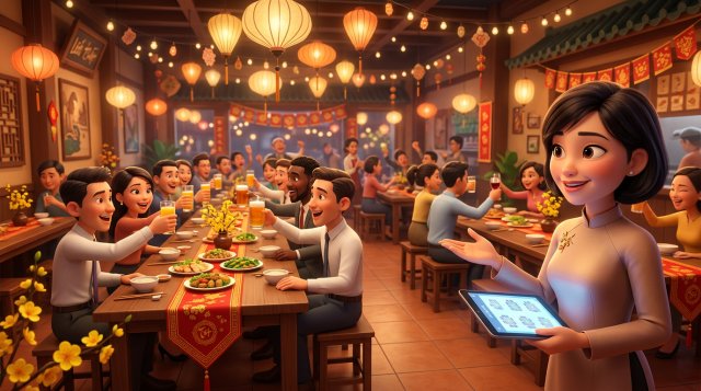 Nhà hàng Việt trang trí đỏ vàng với hoa mai, nhân viên quản lý cầm máy tính bảng kiểm tra sơ đồ bàn trong khi các nhóm nhân viên văn phòng nâng ly tiệc tất niên