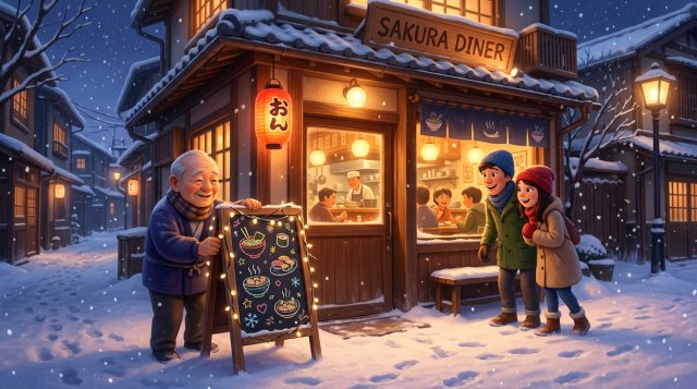 雪の降る2月の夜、温かい光がもれる小さなレストランの前で季節メニューの黒板を整えるオーナー
