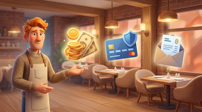 Tre restaurangbord med varsin svävande symbol för förskottsbetalning, kortgaranti och faktura, medan en fundersam krögare jämför alternativen