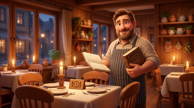 Krögare står vid ett tomt reserverat bord i en skandinavisk restaurang med en lagbok i ena handen och en bokningskalender i den andra