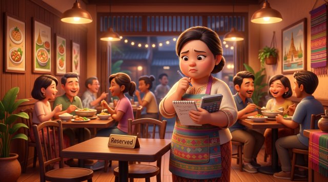 เจ้าของร้านอาหารไทยถือเครื่องคิดเลขและสมุดจด ยืนมองโต๊ะจองที่ว่างเปล่า ขณะโต๊ะอื่นในร้านมีลูกค้าเต็ม