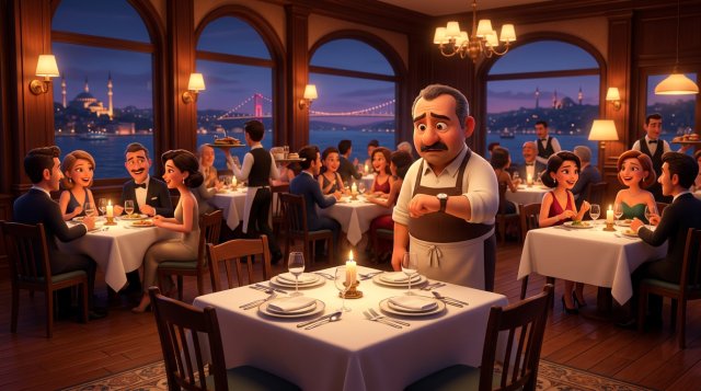 Dolu bir restoranın ortasında bekleyen boş ve hazırlanmış masaya endişeyle bakan restoran işletmecisinin 3D illüstrasyonu