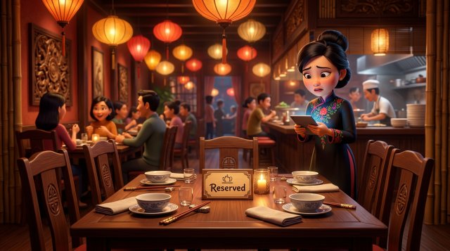 Bàn ăn đã đặt trước bị bỏ trống trong nhà hàng, chủ quán lo lắng kiểm tra danh sách đặt bàn trên máy tính bảng
