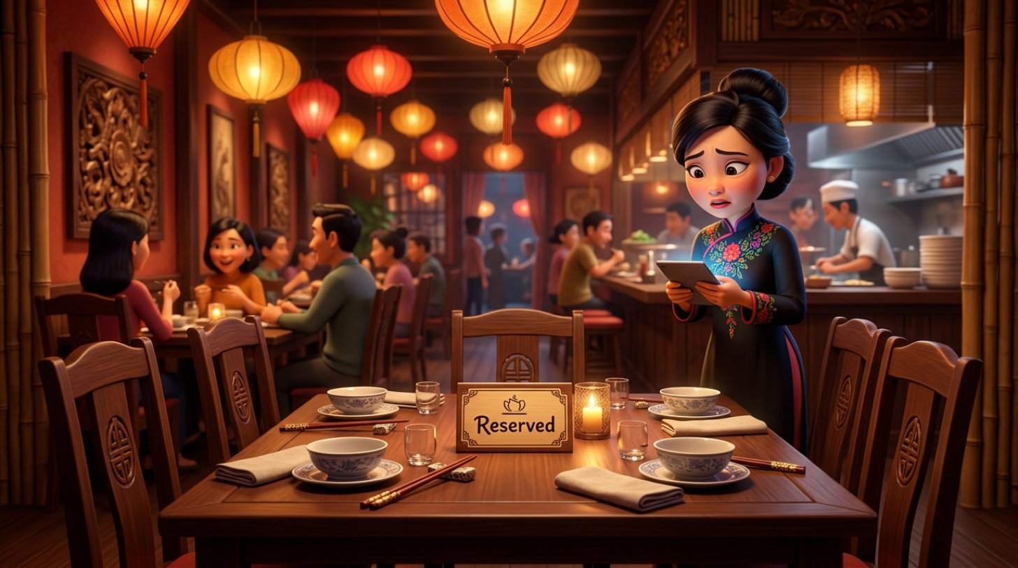 Bàn ăn đã đặt trước bị bỏ trống trong nhà hàng, chủ quán lo lắng kiểm tra danh sách đặt bàn trên máy tính bảng