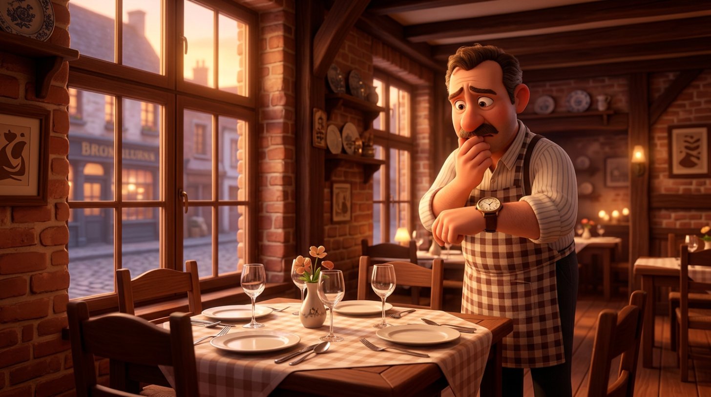 Illustration d'un restaurateur belge inquiet qui regarde sa montre devant une table dressée restée vide dans la lumière du soir