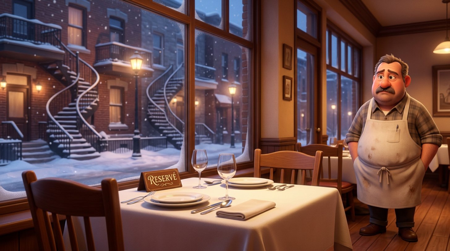 Table de restaurant dressée mais vide avec un écriteau Réservé, devant une fenêtre donnant sur une rue enneigée de Montréal