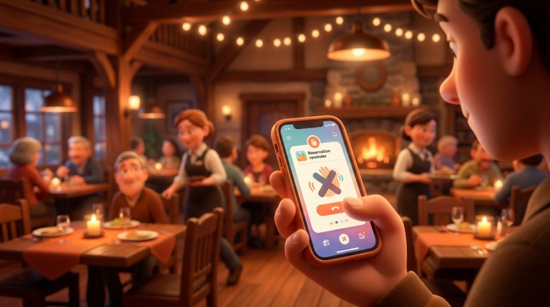 Cellulaire affichant un rappel de réservation avec un bouton d'annulation bien visible, dans une salle de restaurant chaleureuse