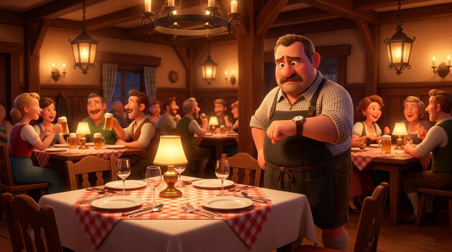 Illustration eines leeren, eingedeckten Tisches in einem Gasthaus, daneben ein besorgter Gastronom, der auf seine Uhr schaut