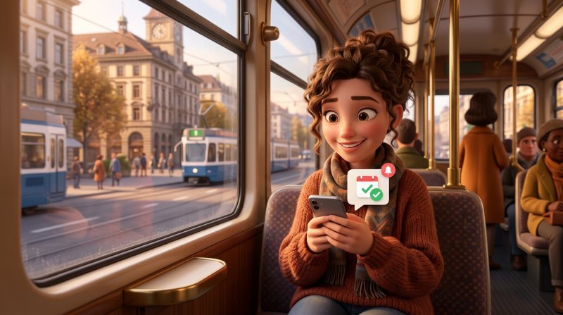 Gast im Zürcher Tram schaut auf ihr Smartphone mit einer Erinnerungsnachricht zur Tischreservation samt Kalender-Symbol und grünem Haken
