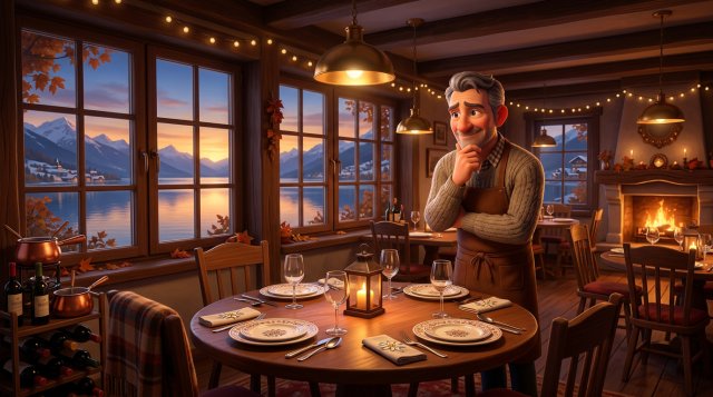 Restaurateur romand pensif devant une table dressée restée vide, avec le lac et les montagnes suisses visibles par la fenêtre au crépuscule