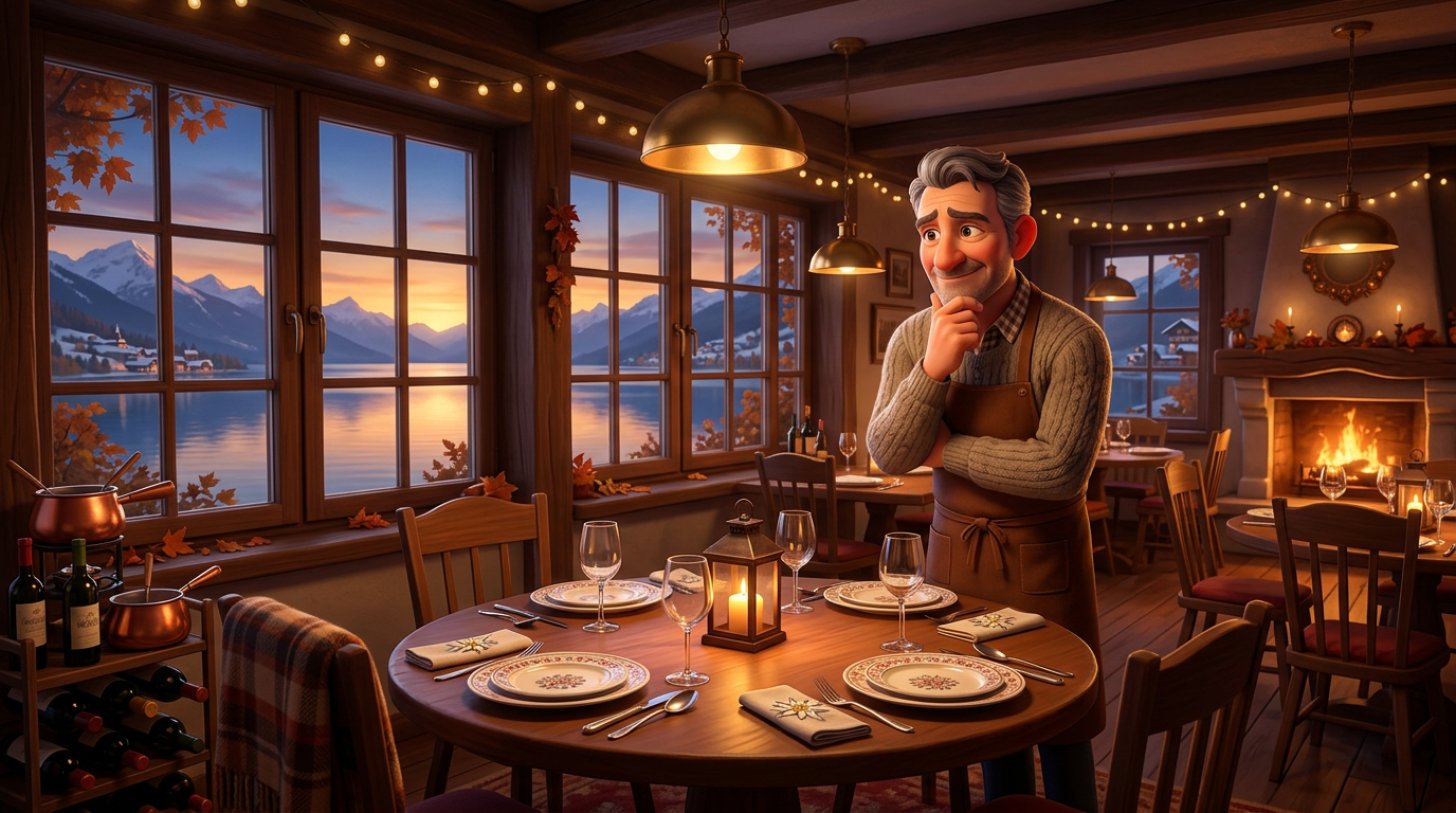Restaurateur romand pensif devant une table dressée restée vide, avec le lac et les montagnes suisses visibles par la fenêtre au crépuscule
