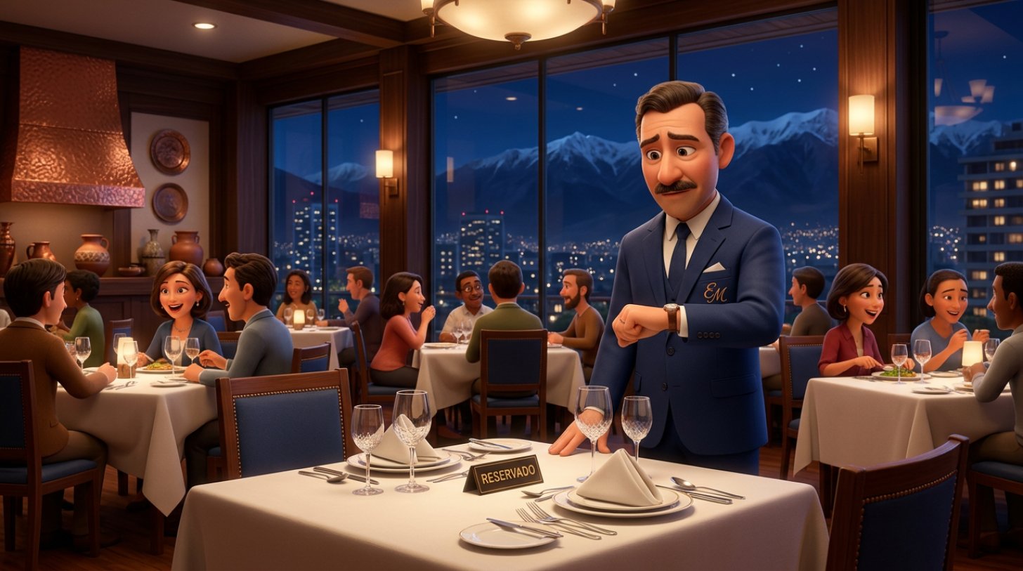 Dueño de restaurante chileno observa preocupado una mesa reservada que sigue vacía en medio de un salón lleno de comensales