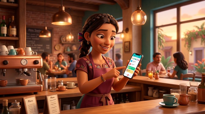 Mesera mexicana confirma una reservación desde el celular del restaurante junto a la barra, con la agenda del día en pantalla
