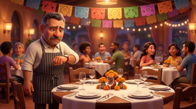 Restaurantero mexicano consulta su reloj junto a una mesa vacía con silla reservada, en un comedor lleno decorado con papel picado