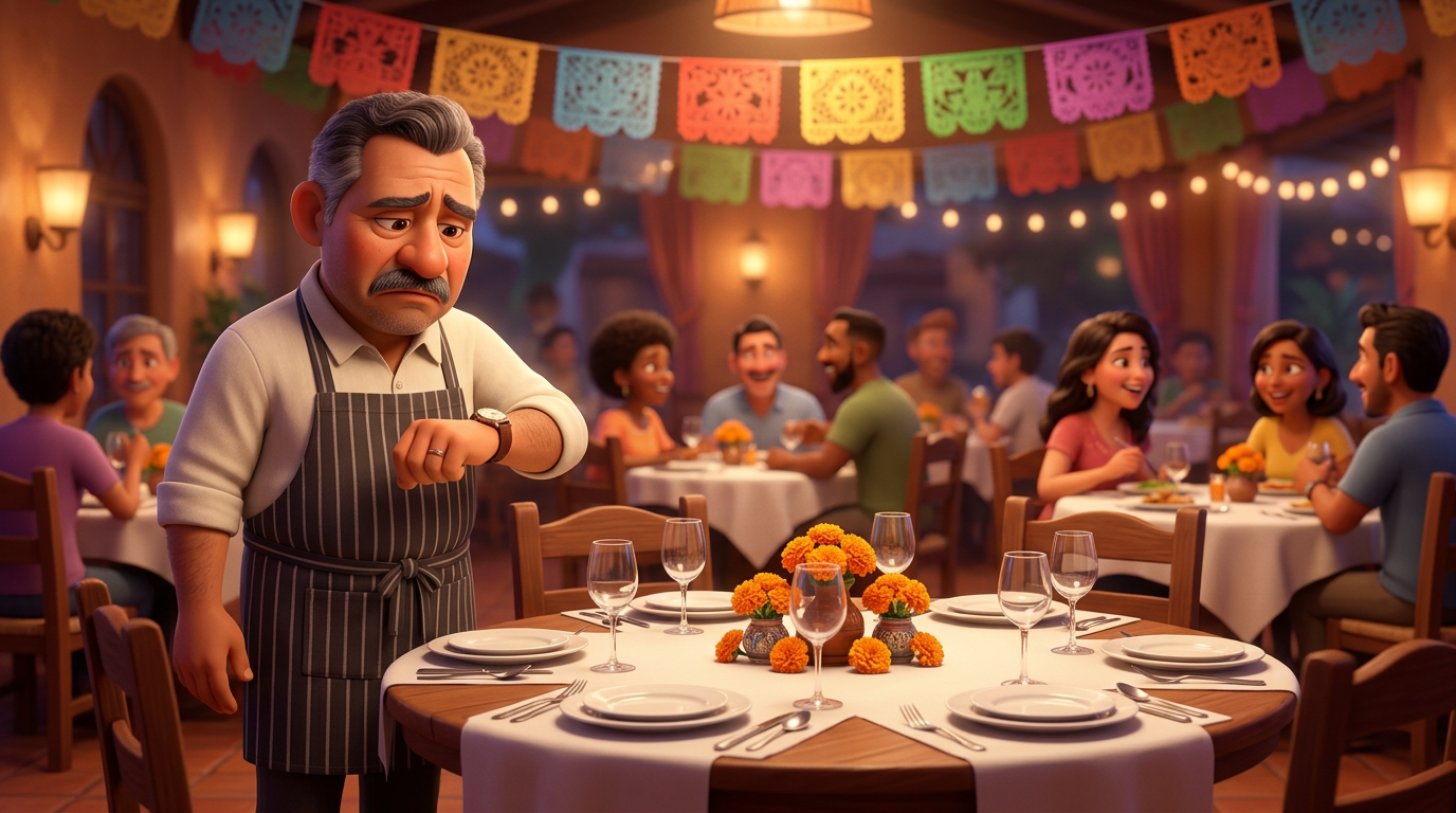 Restaurantero mexicano consulta su reloj junto a una mesa vacía con silla reservada, en un comedor lleno decorado con papel picado