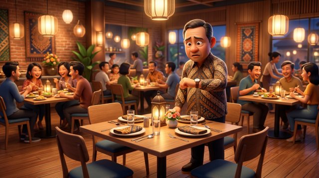 Ilustrasi 3D pemilik restoran yang cemas melihat jam di samping meja kosong yang sudah ditata rapi, sementara meja lain dipenuhi tamu