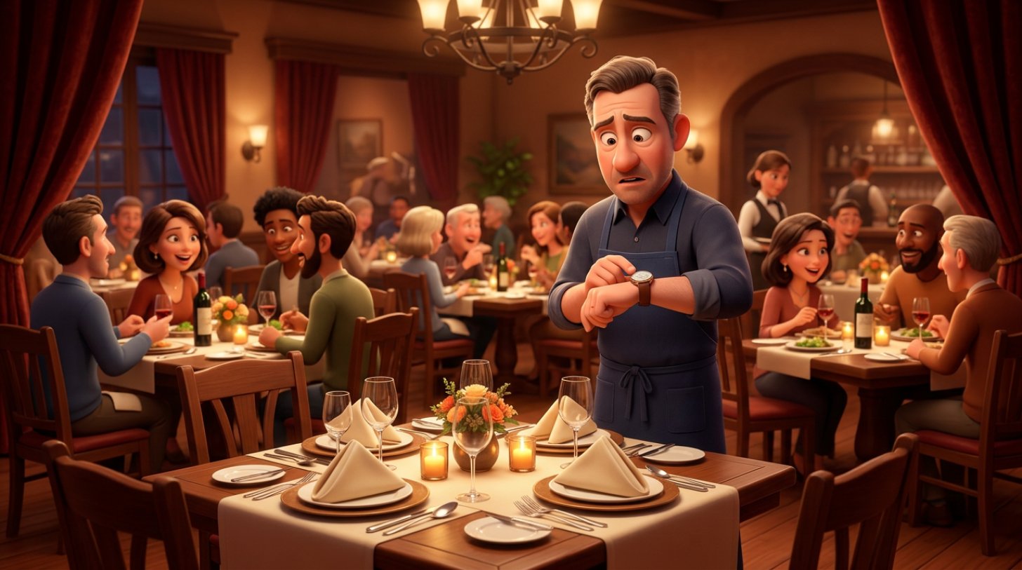Prázdný prostřený stůl v plné restauraci a restauratér, který se dívá na hodinky