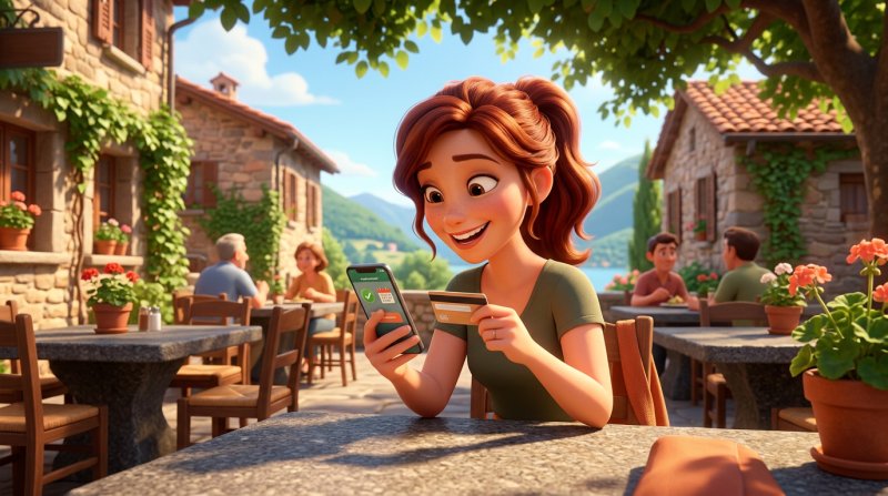 Cliente su una terrazza di grotto ticinese che conferma una riservazione dallo smartphone con la carta di credito in mano