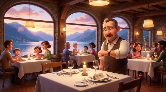 Sala di un ristorante ticinese sul lago con un tavolo riservato rimasto vuoto mentre il ristoratore guarda l'orologio preoccupato