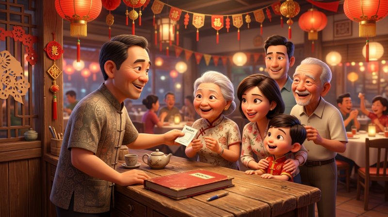 Ilustrasi pengurus restoran Cina di Malaysia menyerahkan resit deposit kepada sebuah keluarga yang menempah makan malam perayaan, tanglung merah dan buku tempahan di kaunter