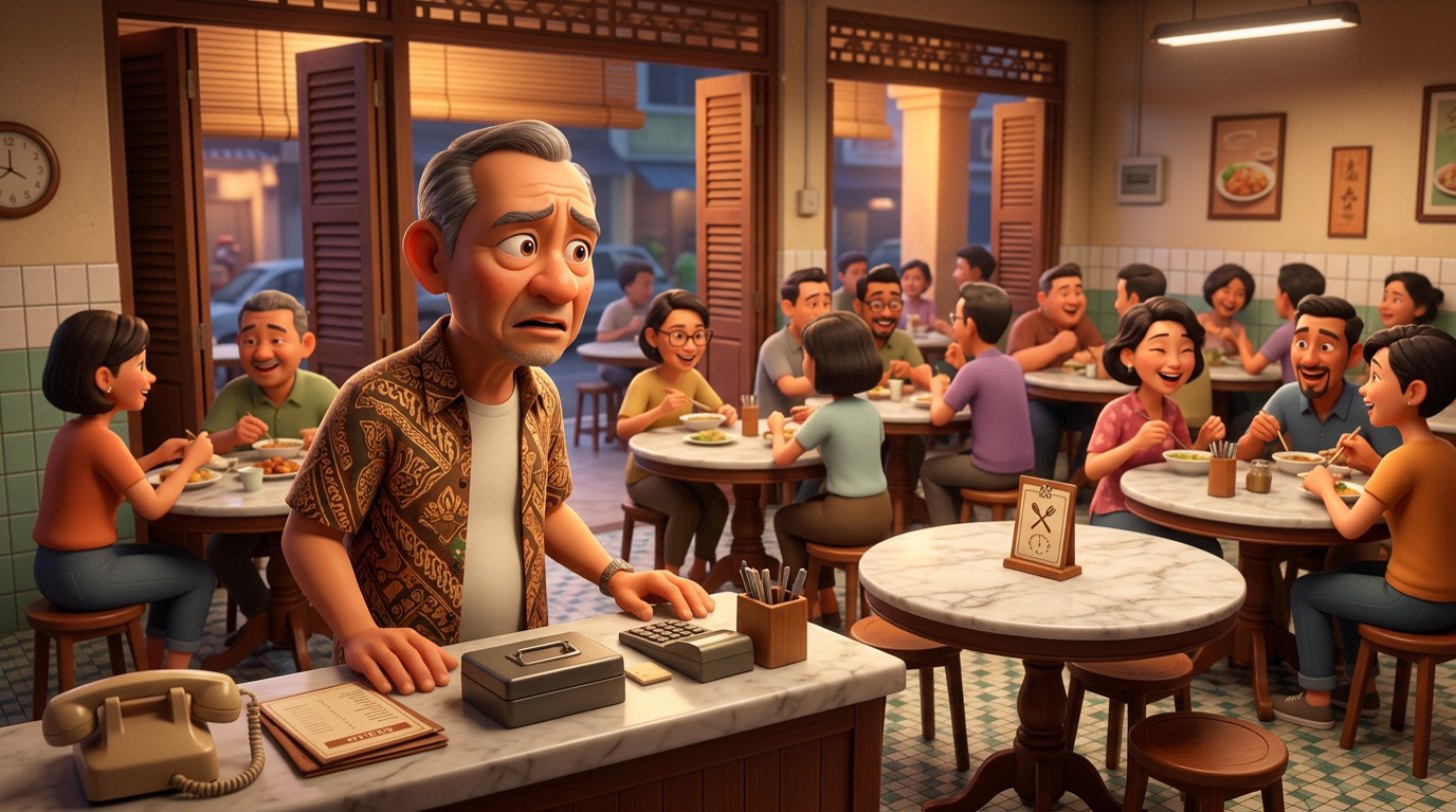 Ilustrasi pemilik restoran Malaysia di kaunter kedai makan memandang satu meja kosong yang telah ditempah sementara meja lain penuh dengan pelanggan