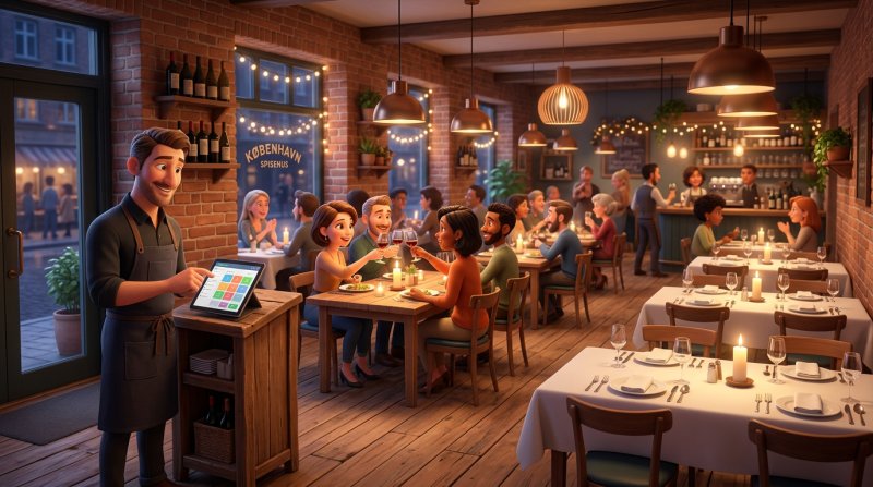 Restaurantsal en lørdag aften hvor nogle borde er fyldte og andre står tomme, mens en tjener gennemgår aftenens bookinger på en tablet ved indgangen