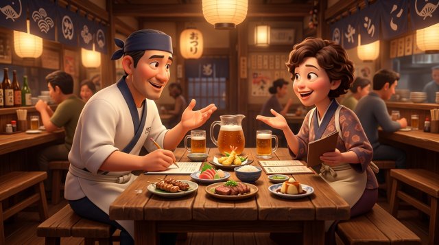 料理長と店長が木のテーブルで小皿を並べながら宴会コースの構成を考えているイラスト