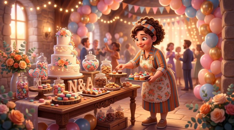 Candy bar festiv cu tort cu etaje și dulciuri colorate, aranjat de o ospătăriță într-un salon de evenimente