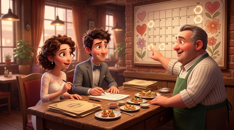 Cuplu de miri semnând contractul de nuntă cu restauratorul, lângă un calendar de perete cu sâmbetele marcate