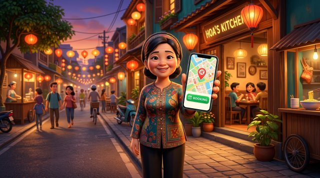 Chủ nhà hàng Việt Nam cầm điện thoại hiển thị bản đồ với nút đặt bàn, đứng trước quán ăn thắp đèn lồng buổi tối