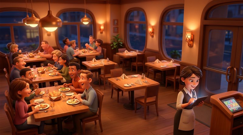 Restaurangmatsal en lördagskväll där några bord är fullsatta och andra står tomma, medan en servitris ser över bokningsläget på en surfplatta vid entrén