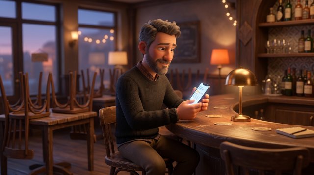 Smireni vlasnik restorana navečer za šankom zatvorenog lokala čita recenziju s jednom zvjezdicom na mobitelu