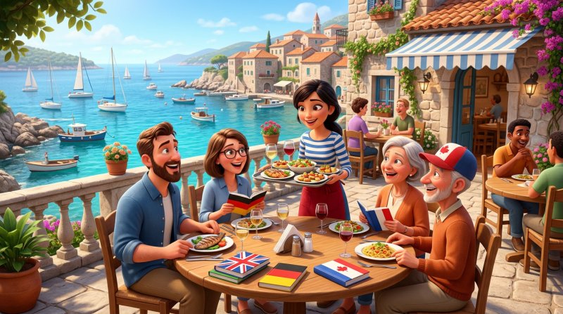 Konobarica na sunčanoj terasi restorana uz more poslužuje jela stolu raspoloženih stranih turista s vodičima i priručnicima na stolu
