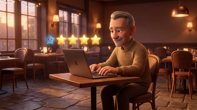 Pokojný majiteľ reštaurácie píše večer na notebooku premyslenú odpoveď na recenziu s jednou hviezdičkou