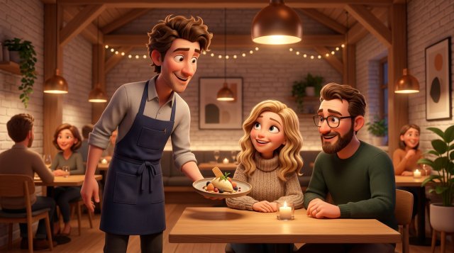 Illustration af en smilende tjener, der præsenterer en dessert for gæster i en hyggelig dansk restaurant